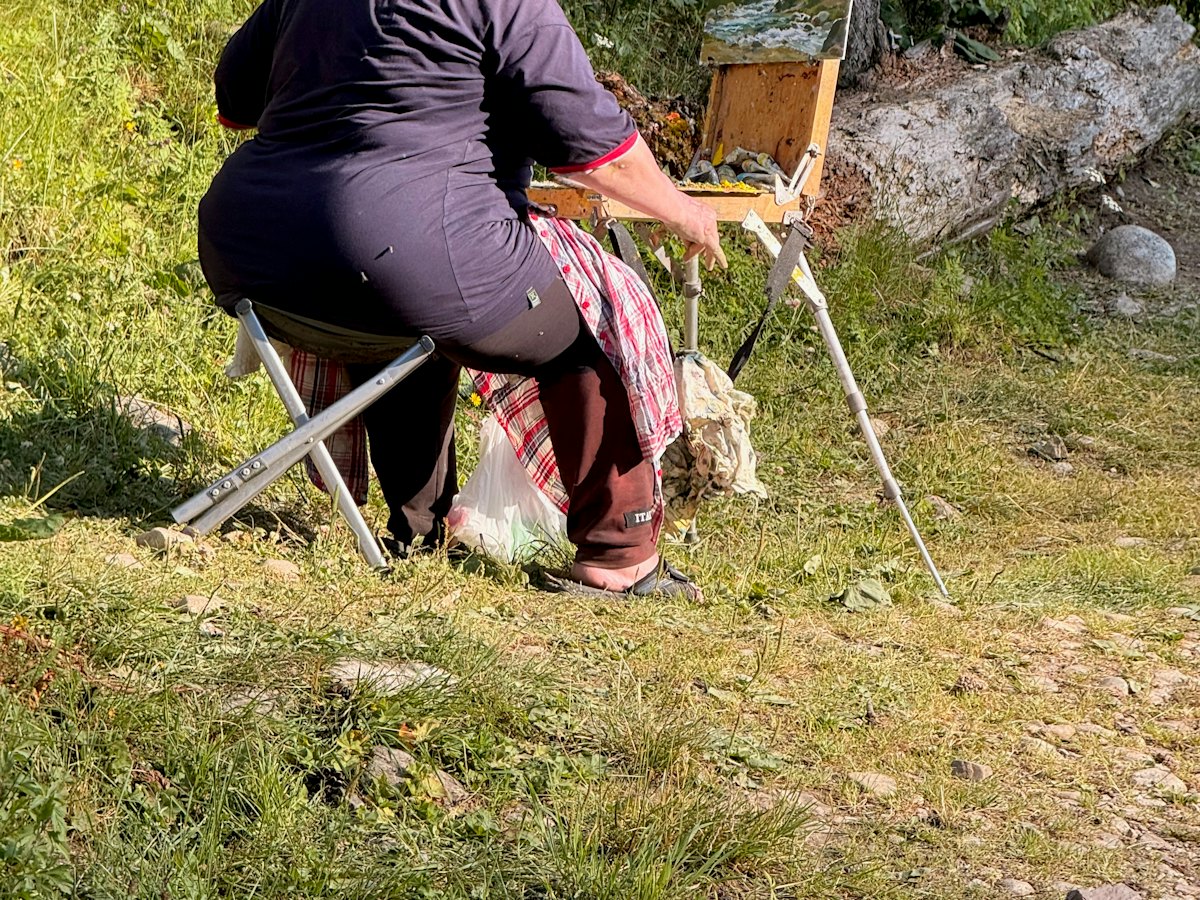 A painter at an easel outdoors on a grassy bank.