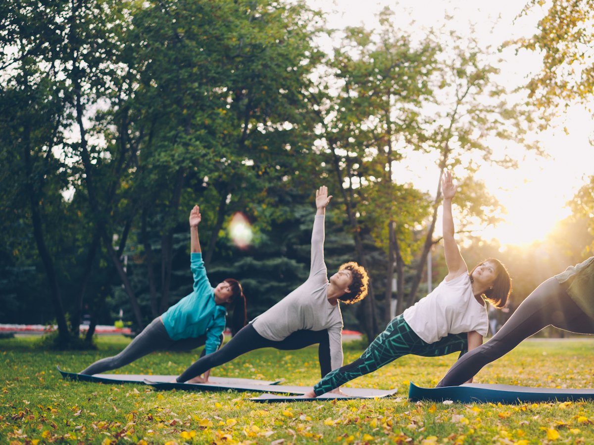 A group holding a side stretch on mats in a park.
